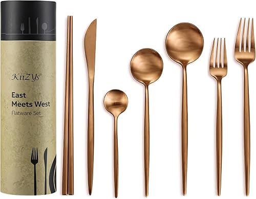 KiiZYs - Juego de cubiertos de cobre, palillos reutilizables, juego de utensilios de cocina de acero inoxidable de 14 piezas, accesorios de cocina,