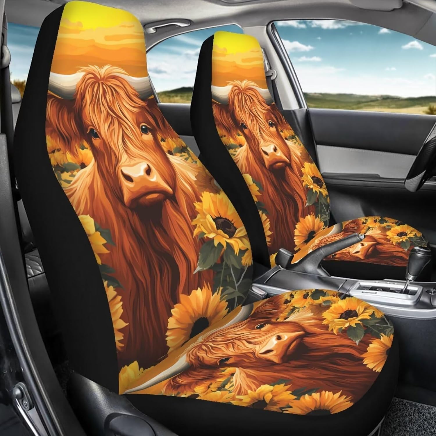 DISNIMO 2 Piece Car Front Seat Cover for Women Men Sunflower Washable Soft Thin Driver Seat Protector Cow Vehicle Seat Protector Car Covers for Auto Sedan SUV Truck Auto Accessories Set
