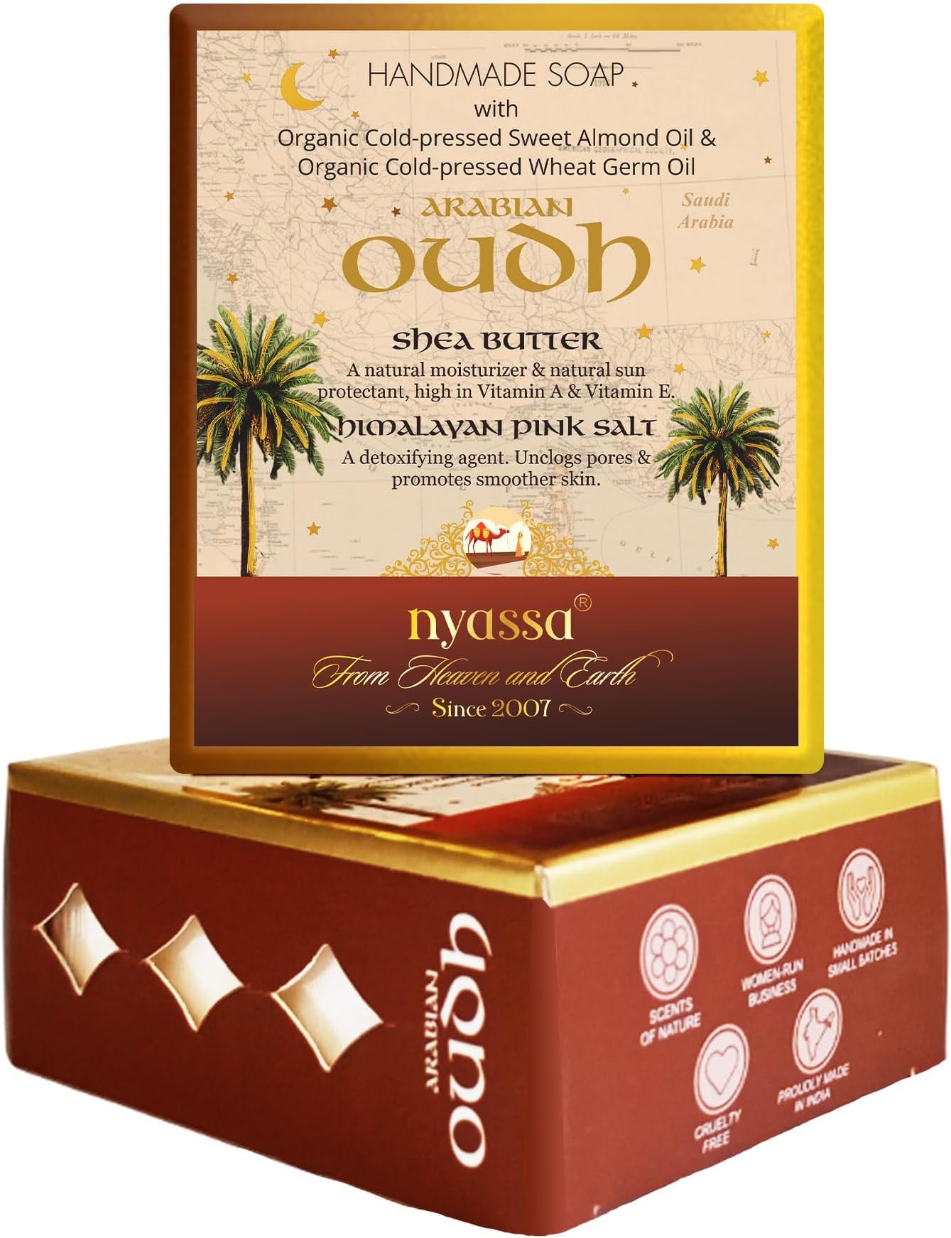 NYASSA Premium Arabian Oudh Handmade Natural Bathing Soap-150grm | Shea Butter, Organic Sweet Almond Oil | Oud Fragrance | Moisturizer | Smooth & Soft Skin | All Skin Type 150gm