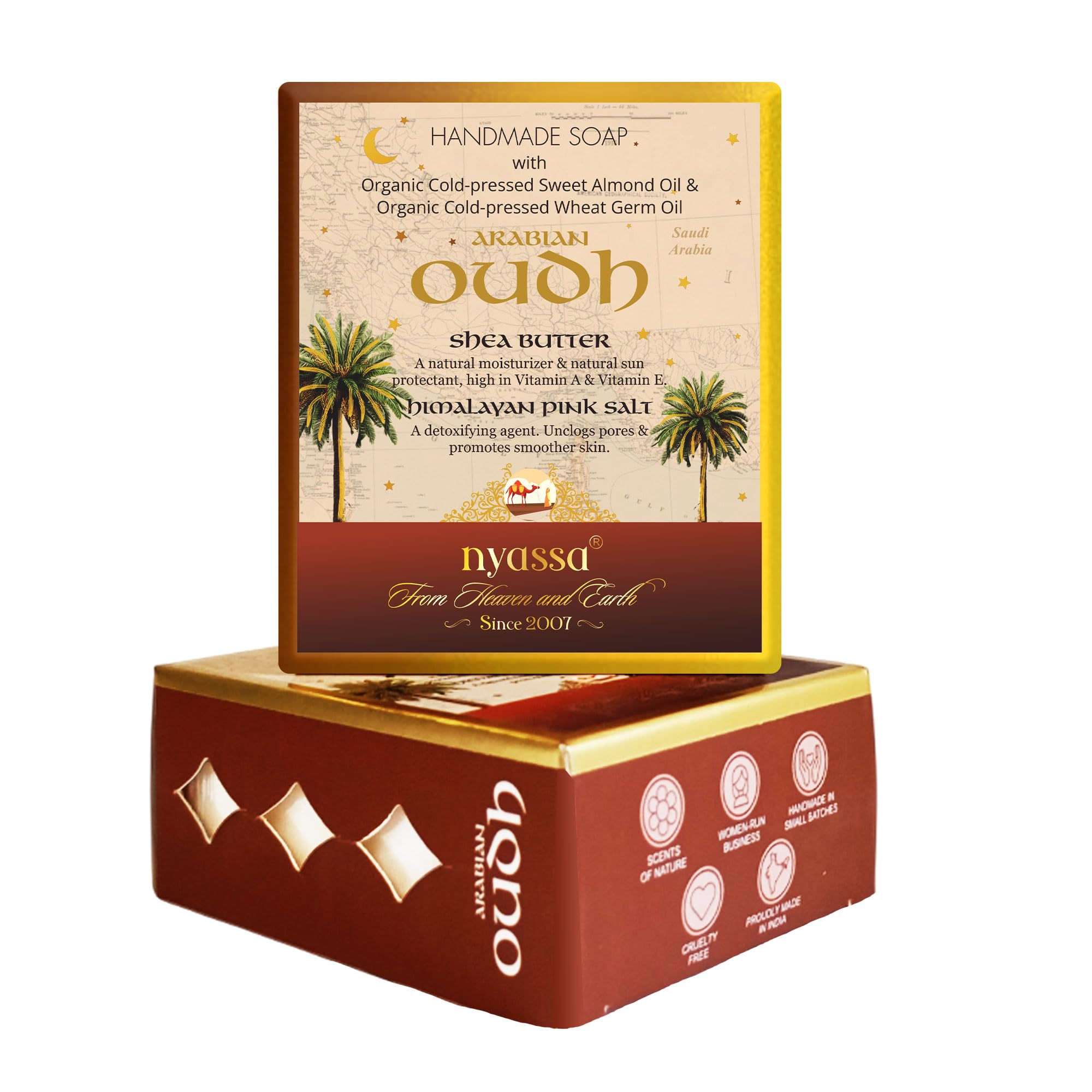 NYASSA Premium Arabian Oudh Handmade Natural Bathing Soap-150grm | Shea Butter, Organic Sweet Almond Oil | Oud Fragrance | Moisturizer | Smooth & Soft Skin | All Skin Type 150gm