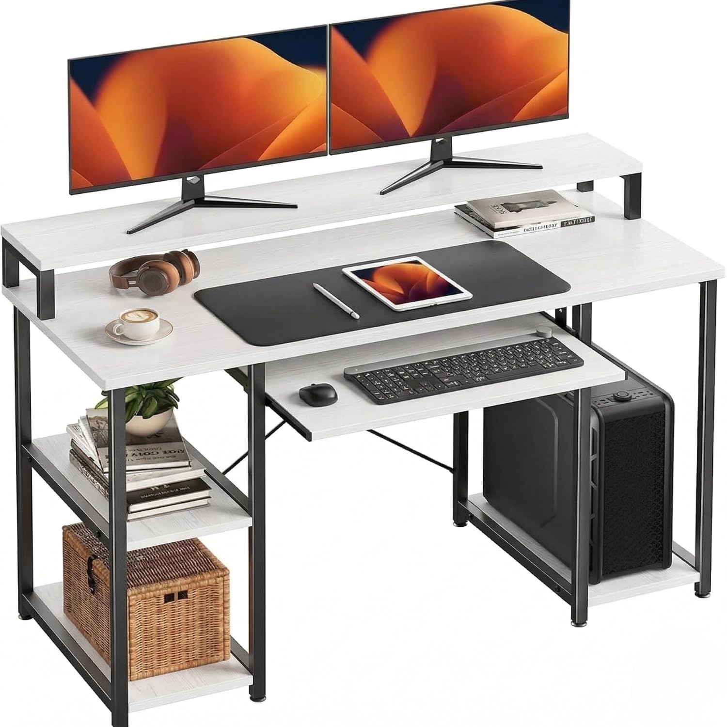 TEKAVO Trio Computer Table for Home Pc | Office Table for Home with Monitor Riser and Keyboard Tray, Laptop Table, Work Table, Study Table, Modern Workstation | White Wood, Metal,(150x60x 75 cm)
