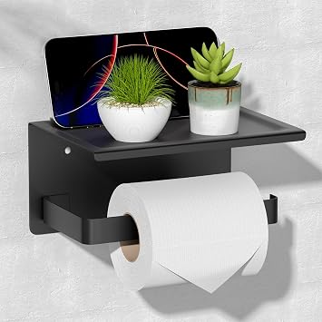 HITSLAM Toilet Paper Holder with Phone Shelf Matte Black, Adhesive or Screw Wall Mount Toilet Paper Roll Holder, Rustproof Stainless Steel Toilet Tissue Holder for Bathroom, Kitchen