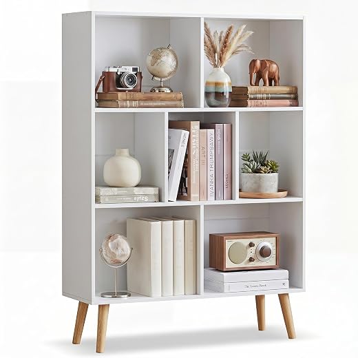 YAHARBO White Bookshelf,3 Tier Book Shelf with Legs, 7 Cube Minimalist Bookcase,Storage Organizer Shelves Display Bookcases for Bedroom,Living Room