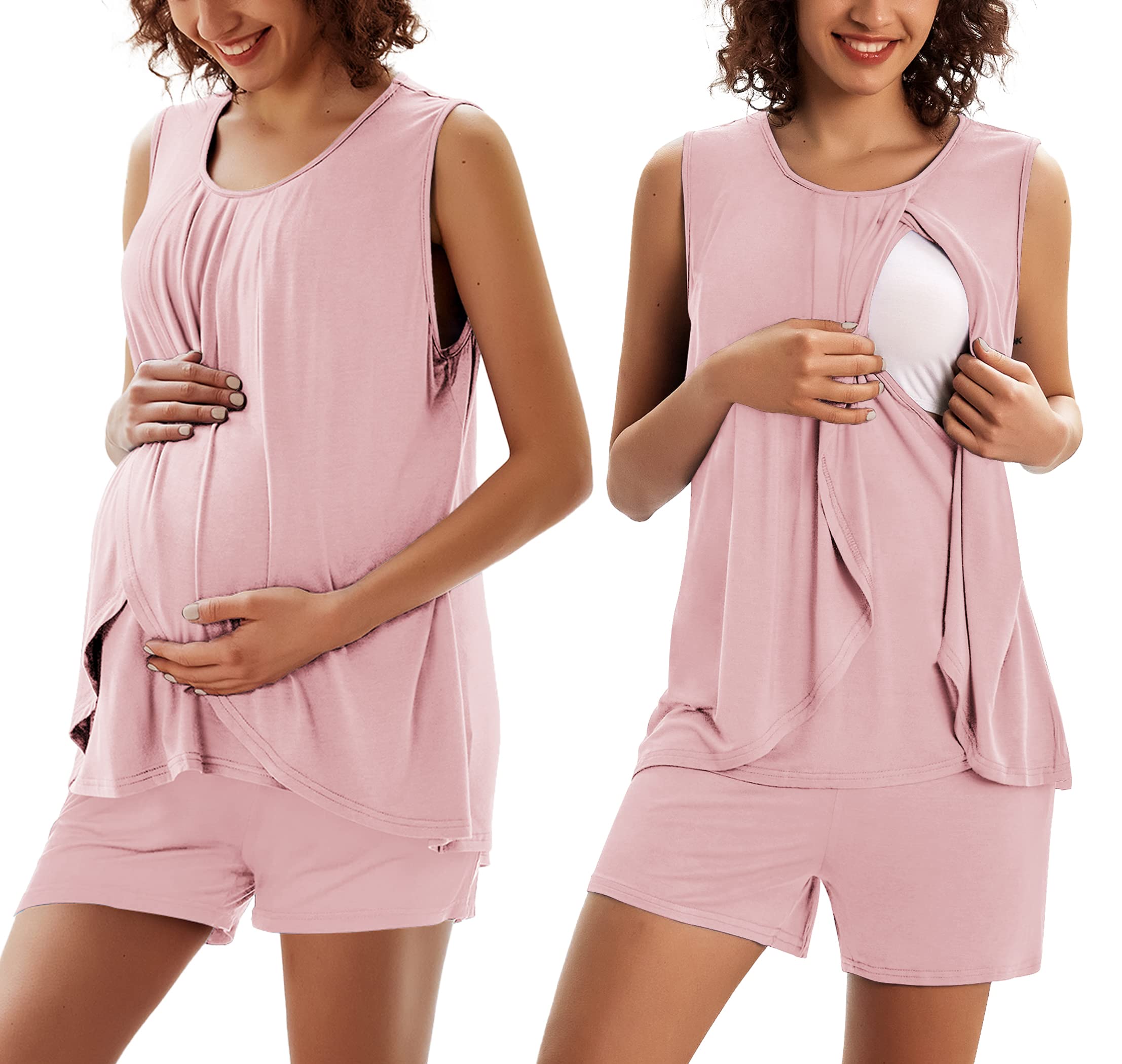 Women Maternity Nursing Pajama Set Breastfeeding Sleepwear Double Layer Sleeveless Top & Shorts Pregnancy PJS