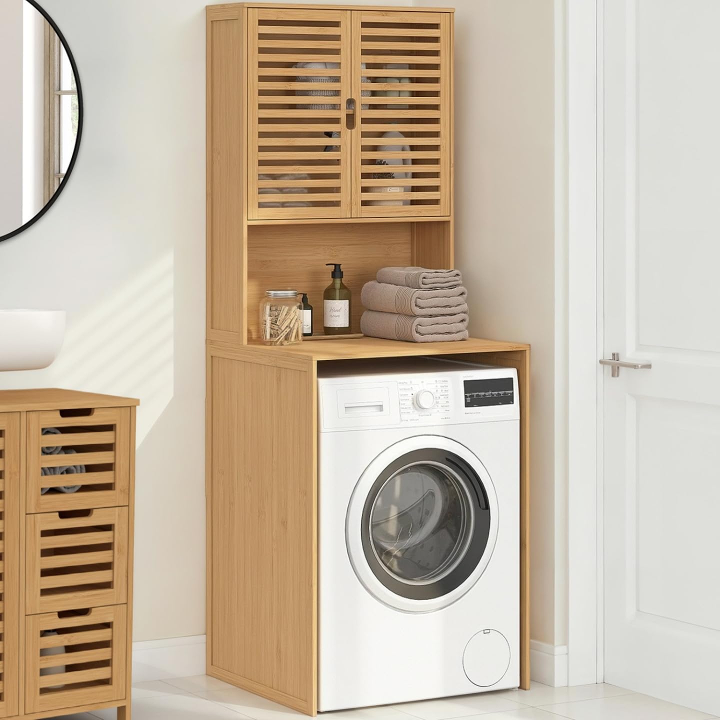 IDMarket BEA - Mueble para lavadora de bambú con armario