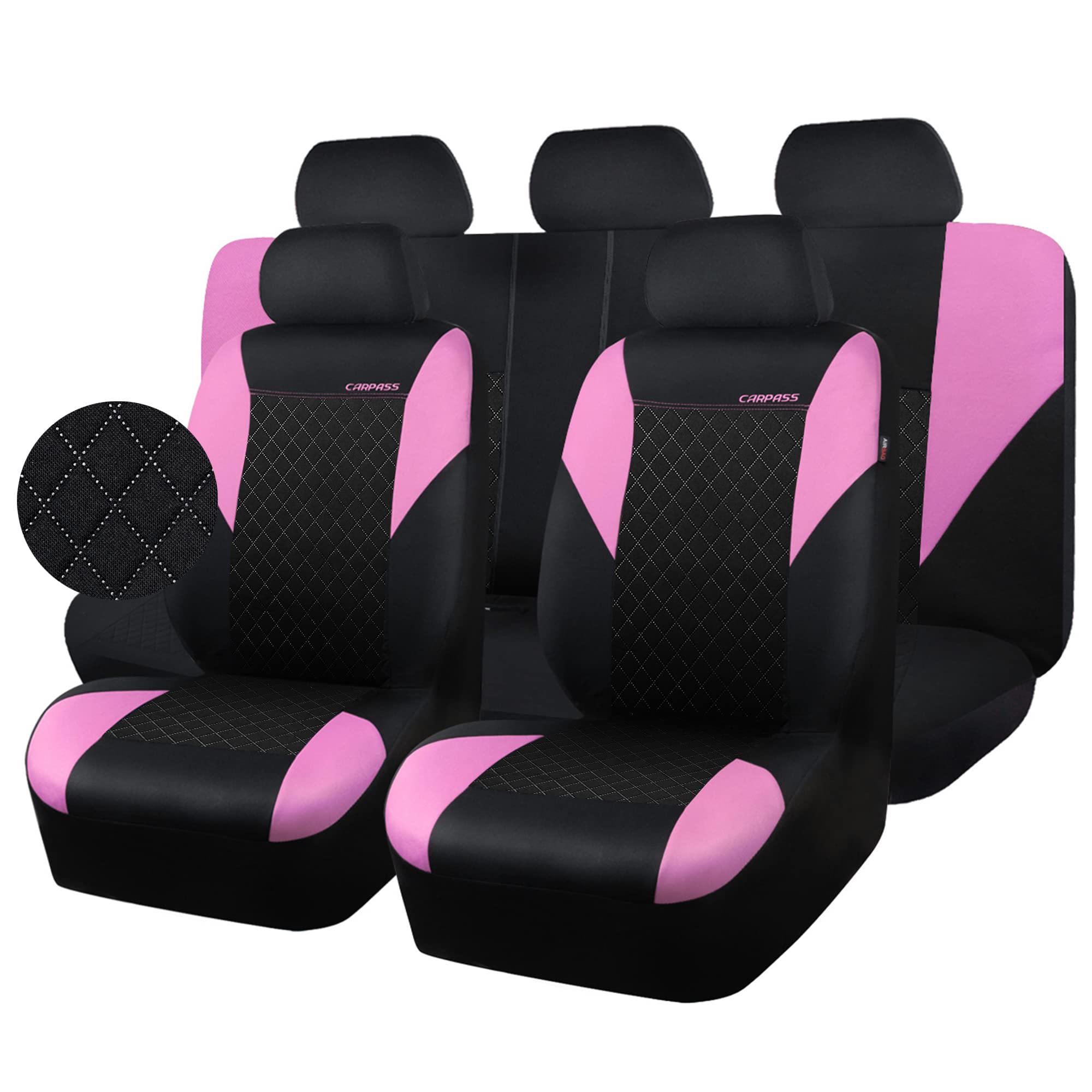 CAR PASS Ultrasonic Embossing Cloth Universal Seat Covers,Cute Breathable Car Seat Cover with 5mm Composite Sponge Inside,Airbag Compatible,2zipper Bench for Sedan,SUV,Truck(Black and Pink,Full Set)