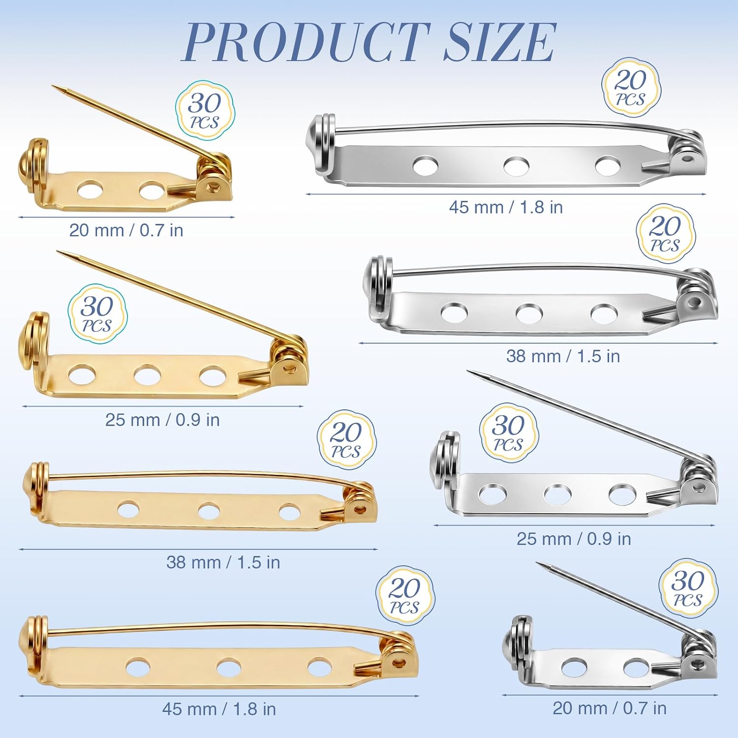 Shappy 200 Pcs Brooch Pin Backs Bar Pins Backs for Crafts Safety Clasp with Plastic Box (20/25/32/38 mm,Gold,Silver)