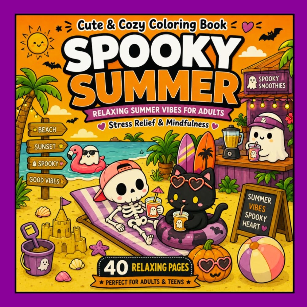 Spooky Summer Coloring Book for Adults and Teens: Cute & Cozy Halloween Summer Vibes for Stress Relief and Relaxation