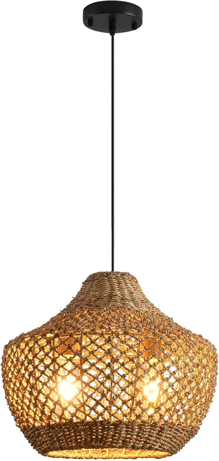 1-Pack 14.96” Rattan Pendant Light Fixture,2-Light Bohemian Handmade Woven Bamboo Rattan Ceiling Suspension Farmhouse Pendant for Kitchen Island Bedroom Living Room Rattan 2-Light 2-light 14.96inch