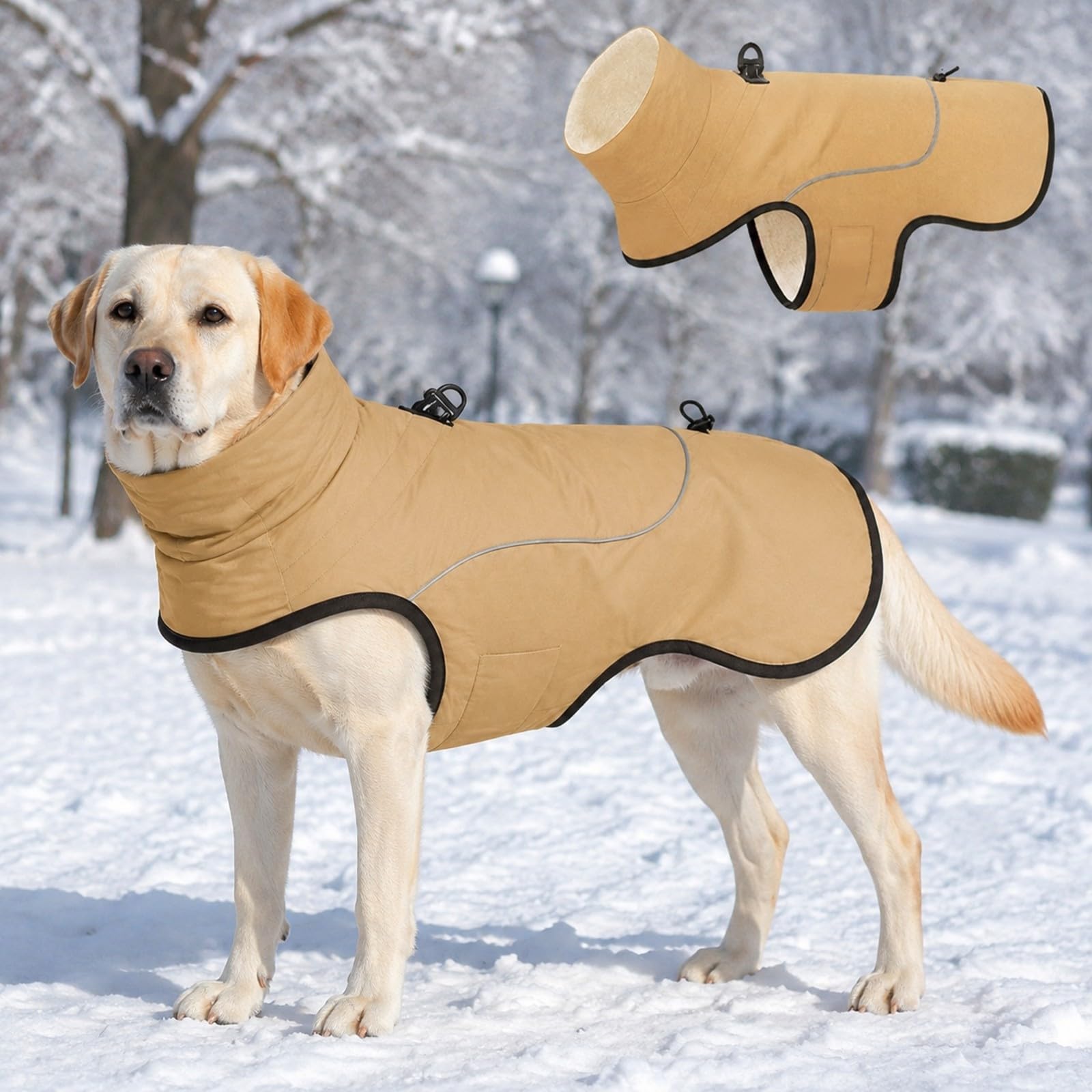 Beige Hundejacke aus Polyester Wärmend Wärmende Hundejacke mit Reflektoren Reflektierend Hunde-Winterjacke für Parkbesuche, XXL