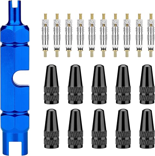 Presta Valve Core Bike Kit - 21 piezas, herramienta de extracción de vástagos, núcleos de válvula de latón y tapas de vástago