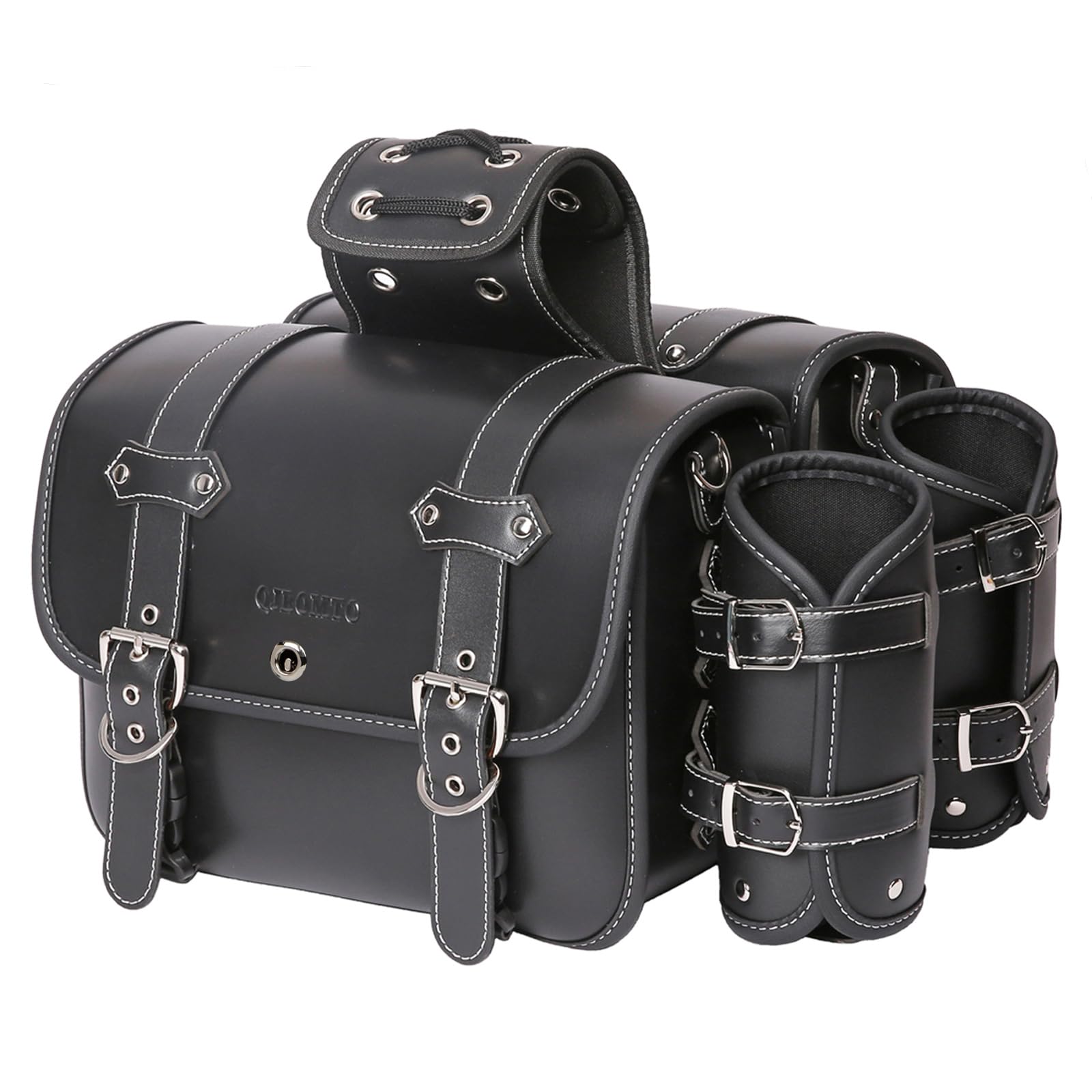 Saddebags da moto in pelle ad alta densità, borse laterali con portabicchieri, impermeabile, borsa porta attrezzi laterale, borsa per attrezzi per moto, universale, 1 paio, nero (Nero1)