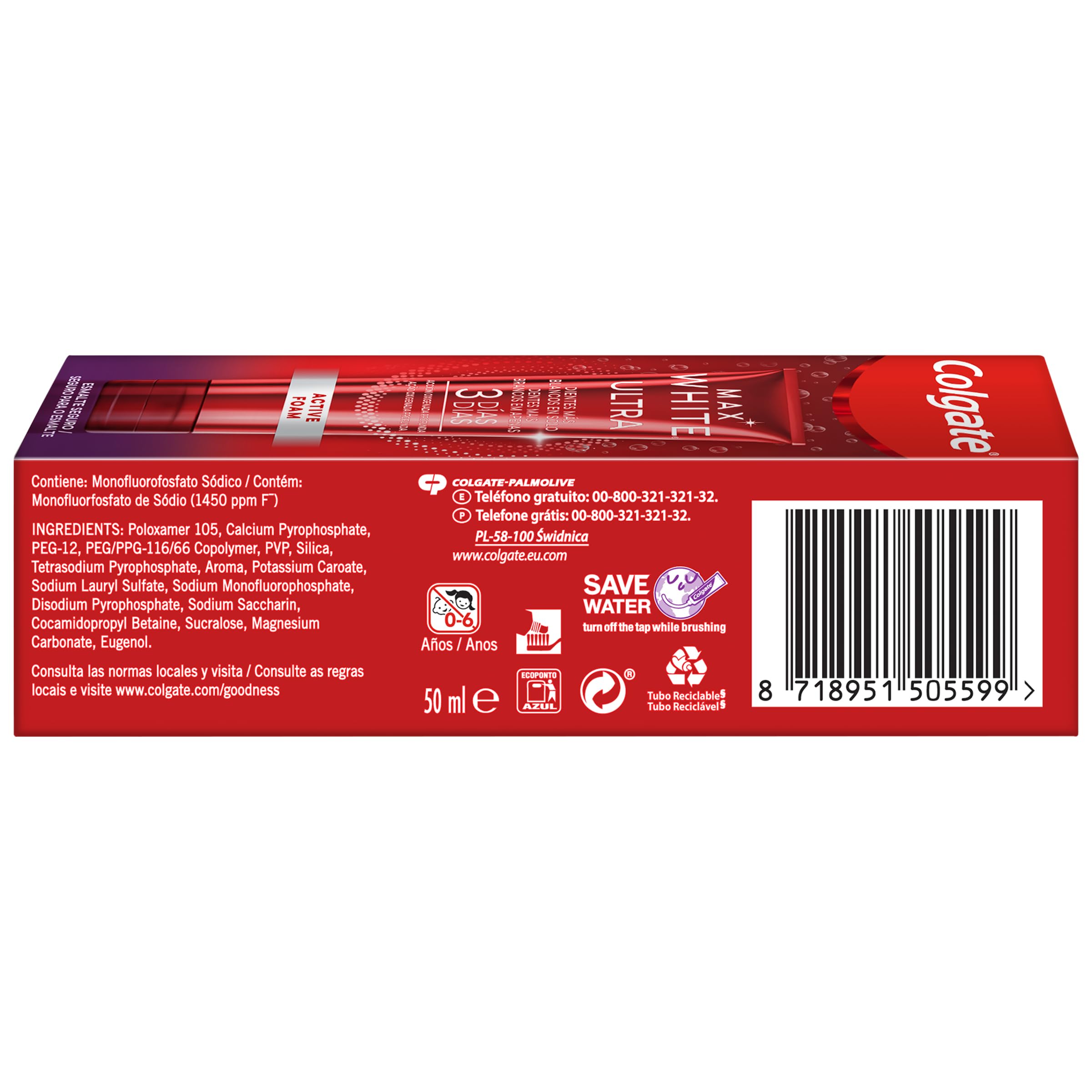 COLGATE Max White Ultra Active Foam Pasta de Dientes Blanqueadora con Flúor, 50ml, Dentífrico Blanqueador Seguro con el Esmalte, Elimina Manchas Profundas* — view 3
