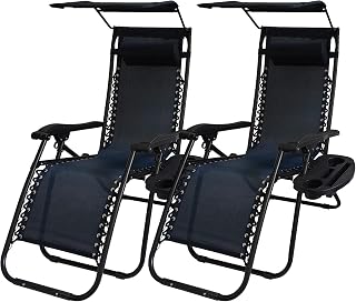 Foldable Zero Gravity Chair with Canopy Shade, 2 Pieces Lounge Patio Chairs with Side Tray & Cup Holder & Pillow, Outdoor Reclining Lounge Chair for Pool Side Outdoor Yard Beach