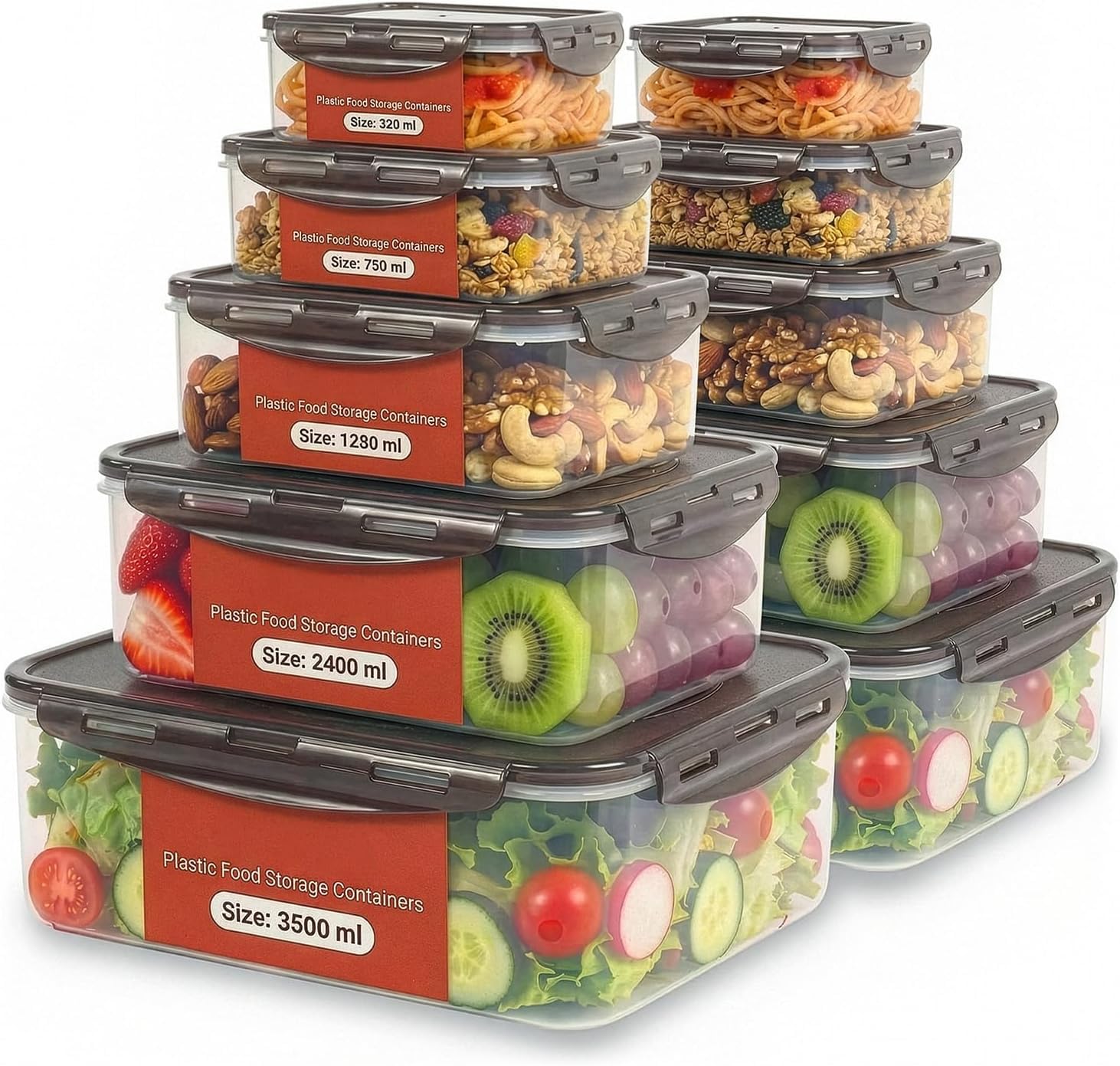 HomlyPro 20 Pieces Grey Plastic Food Containers with Lids (10 Boxes & 10 Lids) Leakproof Airtight Meal Prep Containers, Stackable BPA-Free, Freezer Microwave Dishwasher Safe