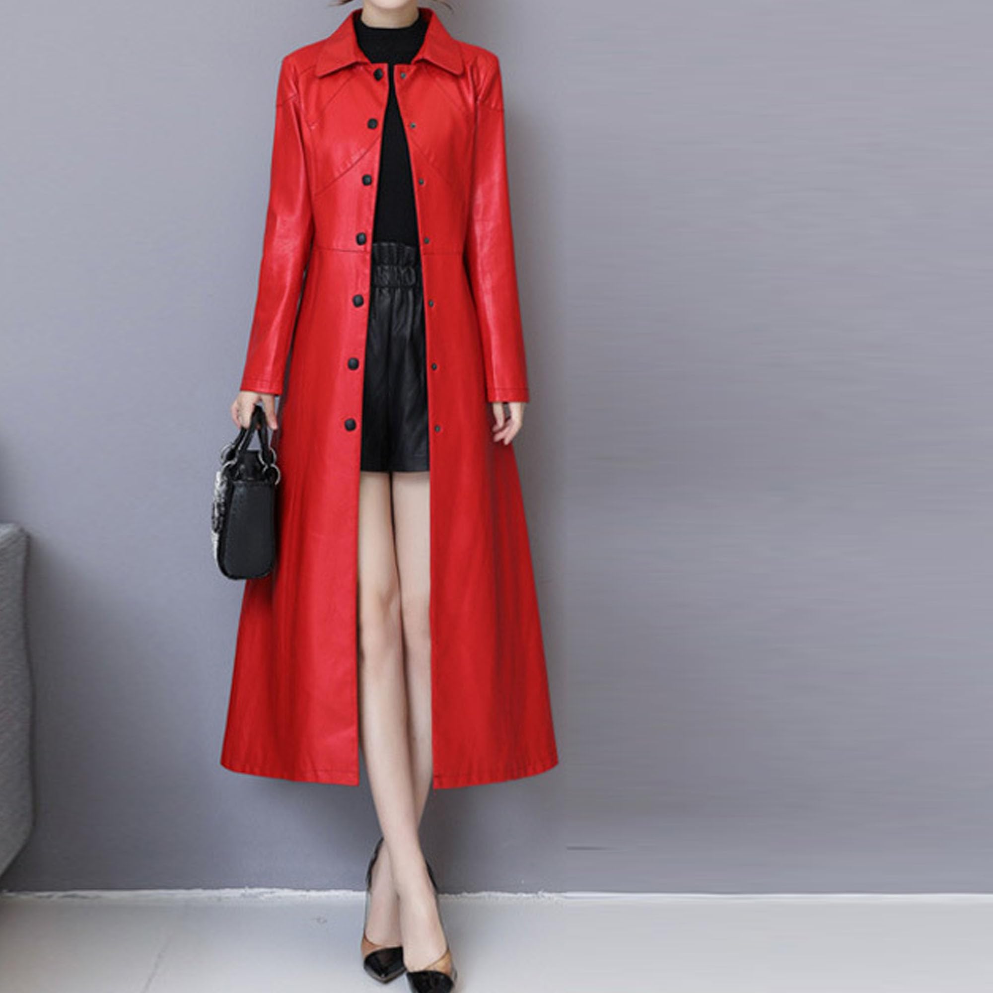 Cappotto lungo da donna in ecopelle con cintura, giacca esterna alla moda