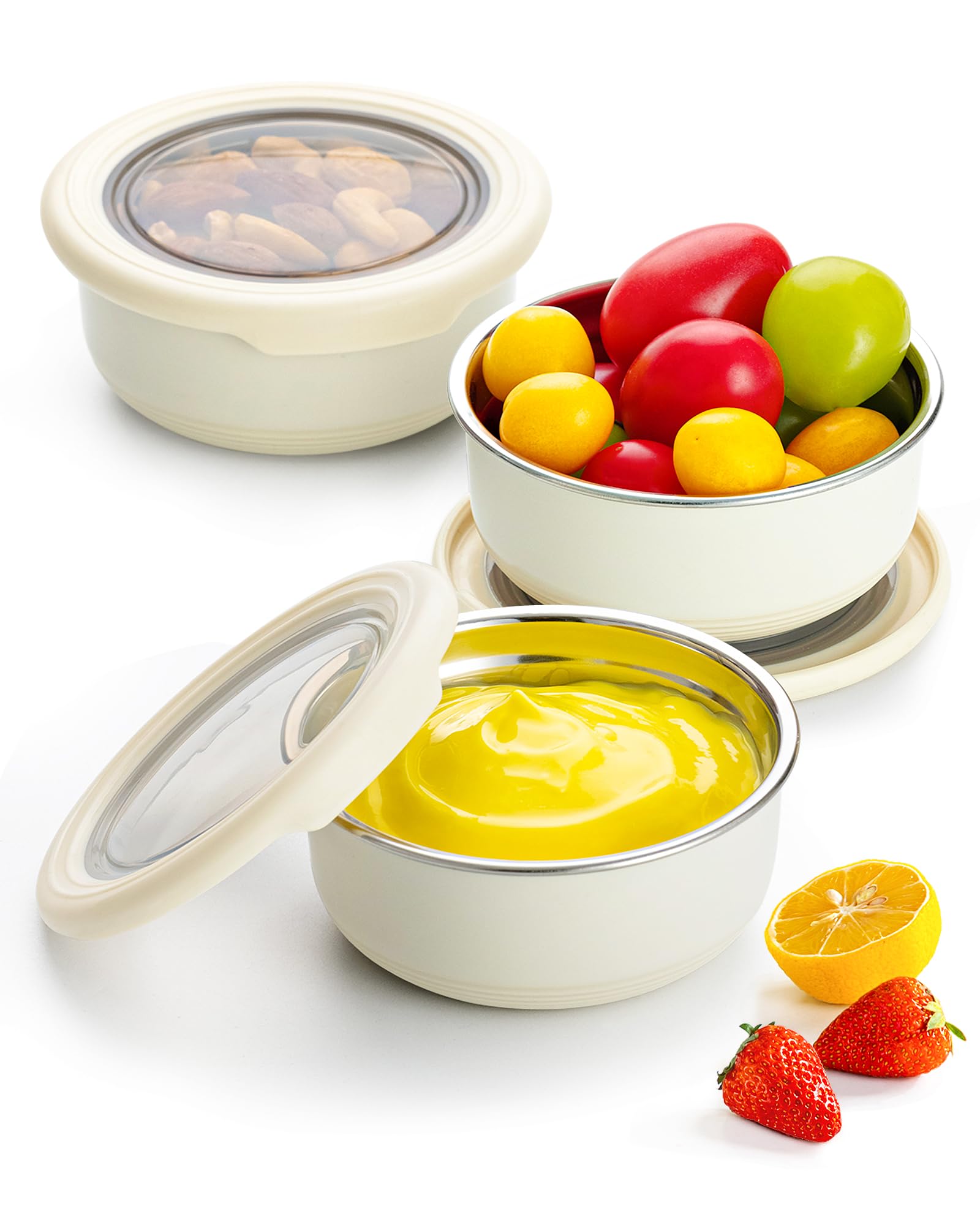 Lille Home 220ml Dressing Containers for Condiments, Set of 3 Salad Dressing, Dips, Stainless Steel Dipping Sauce Cups, Mini Food Storage with Lid, Leakproof, BPA Free (Beige)