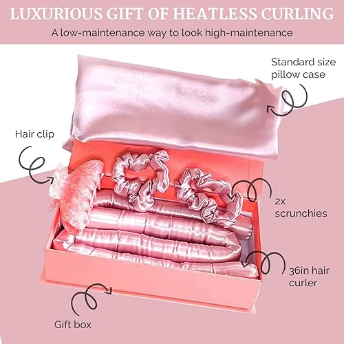 Miniatura 3 de Juego de funda de almohada de satén + rizador de pelo sin calor, cinta suave, 2 lazos para el cabello, 1 clip, sin calor, cómodo para dormir, juego