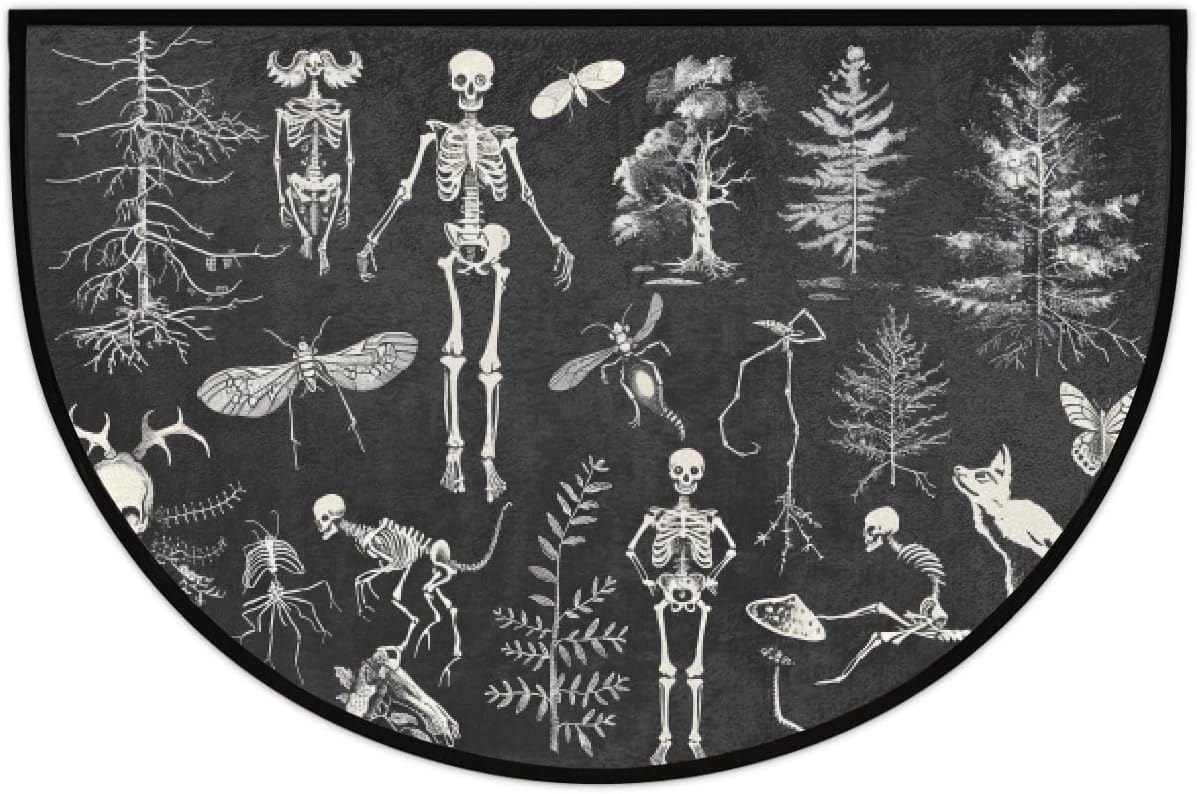 Pardick Art Cool Skull Half Round Doormat Semi Circle Rug Non Slip Indoor Outdoor Entrance Half Moon Rug Absorbent Durable Washable Front Floor Mat for Kitchen Bathroom Patio Fireplace