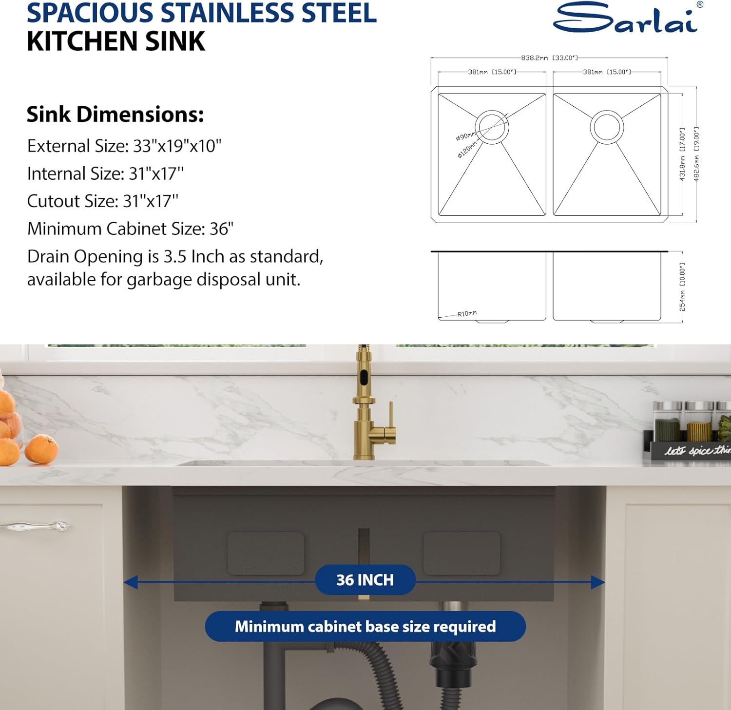 Sarlai 33 Inch Gold Undermount Kitchen Sink Double Bowl 33 x 19 Inch Low Divided Gold Workstation Double Kitchen Sink Stainless Steel 16 Gauge 50/50 Sinks Basin