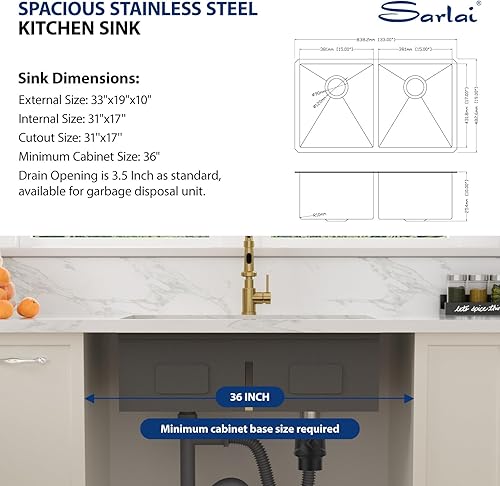 Vista 144 de Sarlai Fregadero doble de 33 piezas para empotrar - Fregadero de cocina de 33 x 19 pulgadas, acero inoxidable de calibre 16, esquina redonda, doble