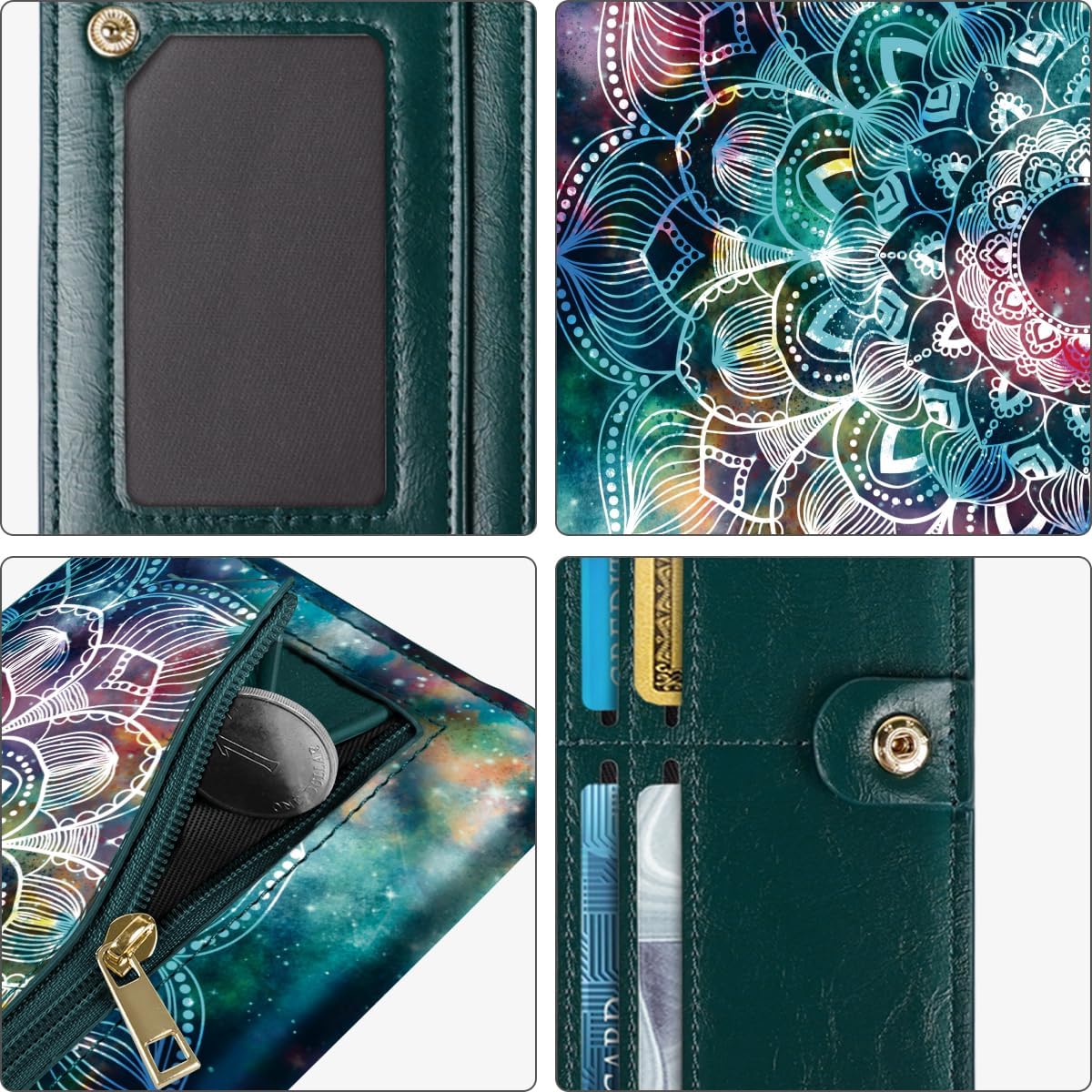 Ultra Slim Womens Wallet Minimalist Thin Long Leather Bifold Wallet RFID Blocking Card Holder Organizer with Zipper Coin Pocket Ladies Girls Gift Purse, Mandala - Image 6