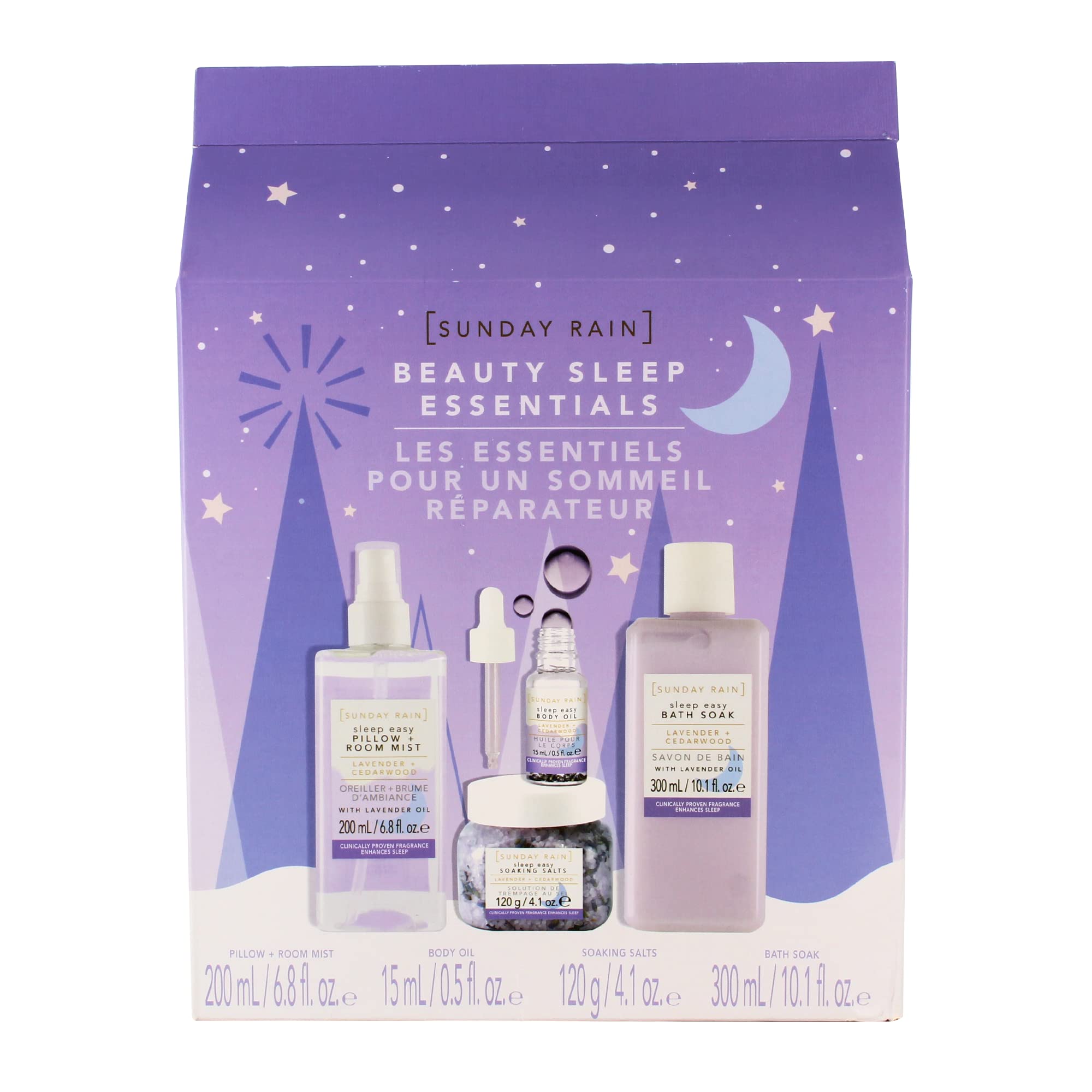 Sunday Rain Sleep Easy Gift Set, Vegan and Cruelty Free Pamper Giftset for Women, Soothing and Calming Lavender Scent, 4 Piece