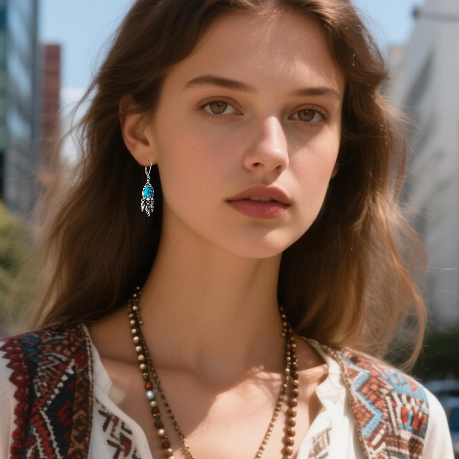 Feather Earrings Turquoise Dangle Earrings for Women Sterling Silver Feather Genuine Turquoise Dangling Leverback Jewelry Mothers Day Gifts - Image 2