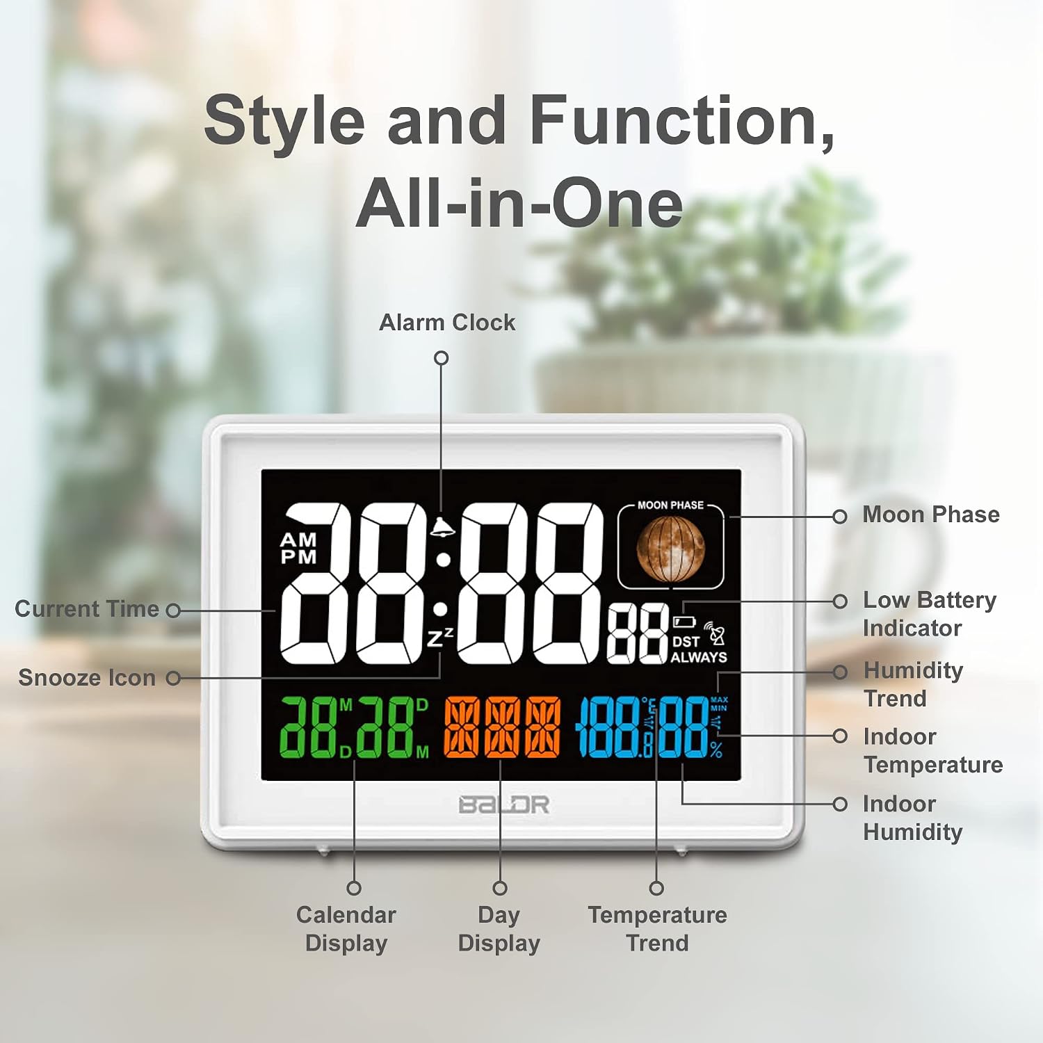 BALDR Atomic Alarm Clock - Large Color Display Digital Desk Clock - With Indoor Thermometer for Temperature & Humidity - Date & Real-Time Moon Phases - Perfect Office Clock or Nightstand Clock (White)