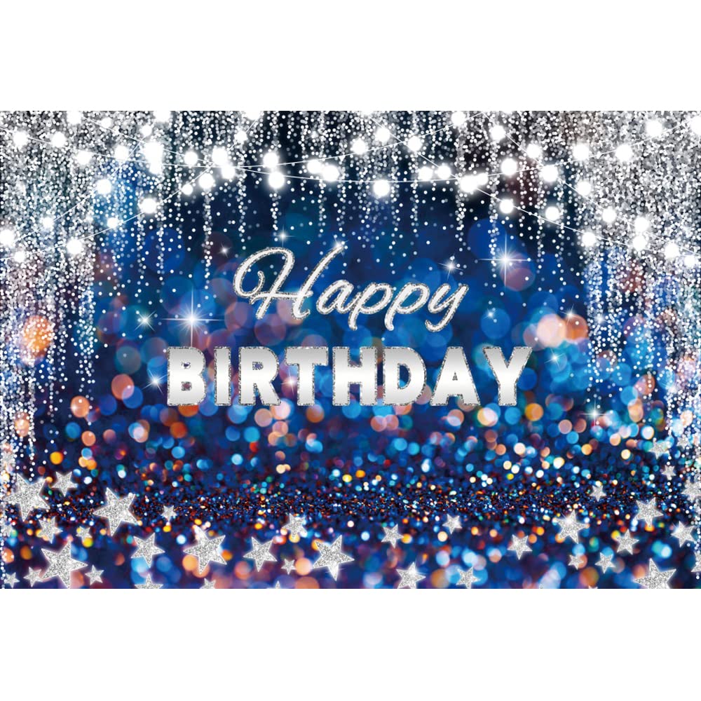 1,5 x 9 m niebieskie błyszczące tło Happy Birthday brokat srebrna gwiazda z frędzlami błyszczące tło fotografia sznur światło tło fotografia tło baby shower baner urodzinowy