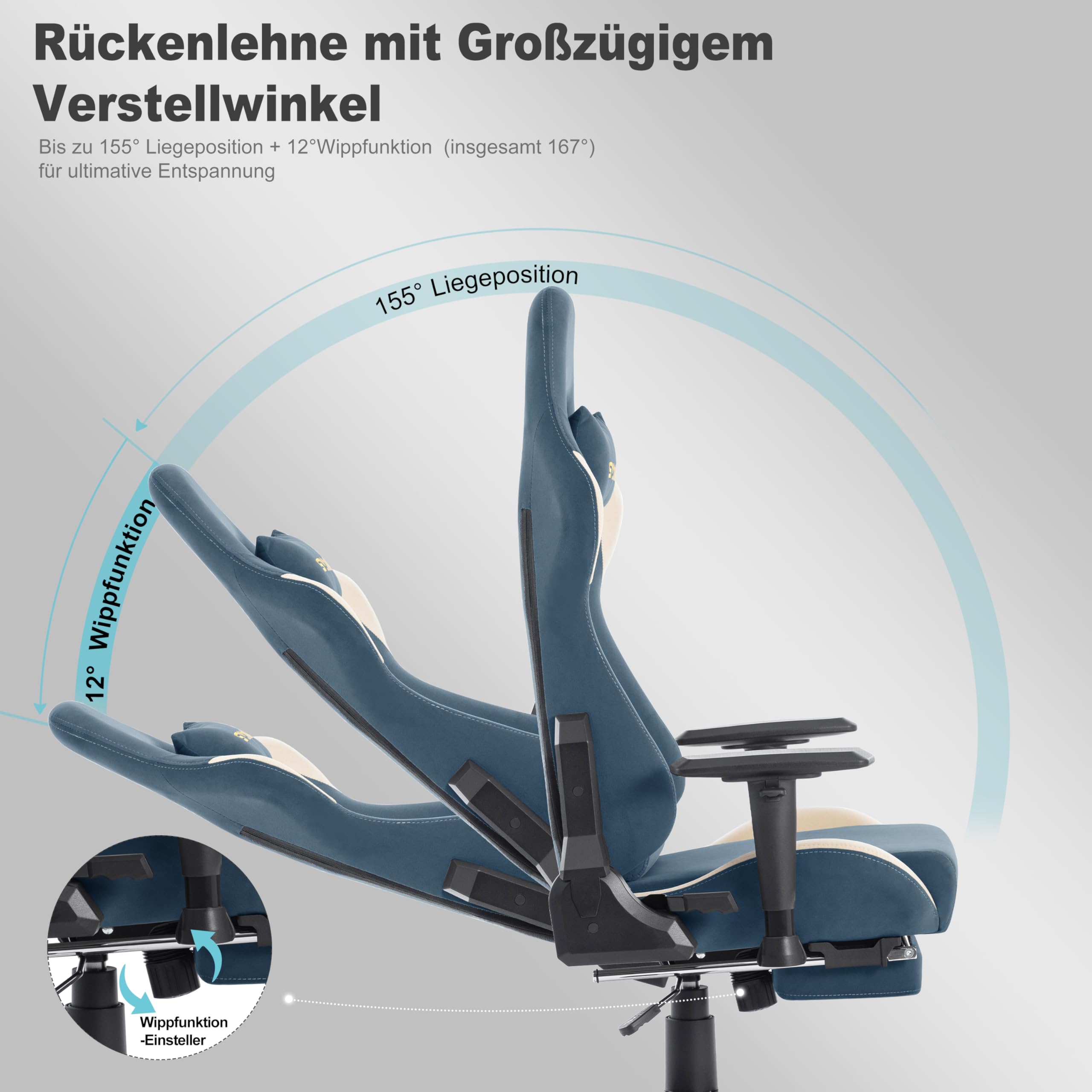 Symino Gaming Stuhl, Luxuriöser Wildlederimitat Gaming Chair, Ergonomischer Bürostuhl Schreibtischstuhl mit Fußstütze Kopfstütze und Lendenkissen, 90-167° Rückenlehne, Blau-Beige