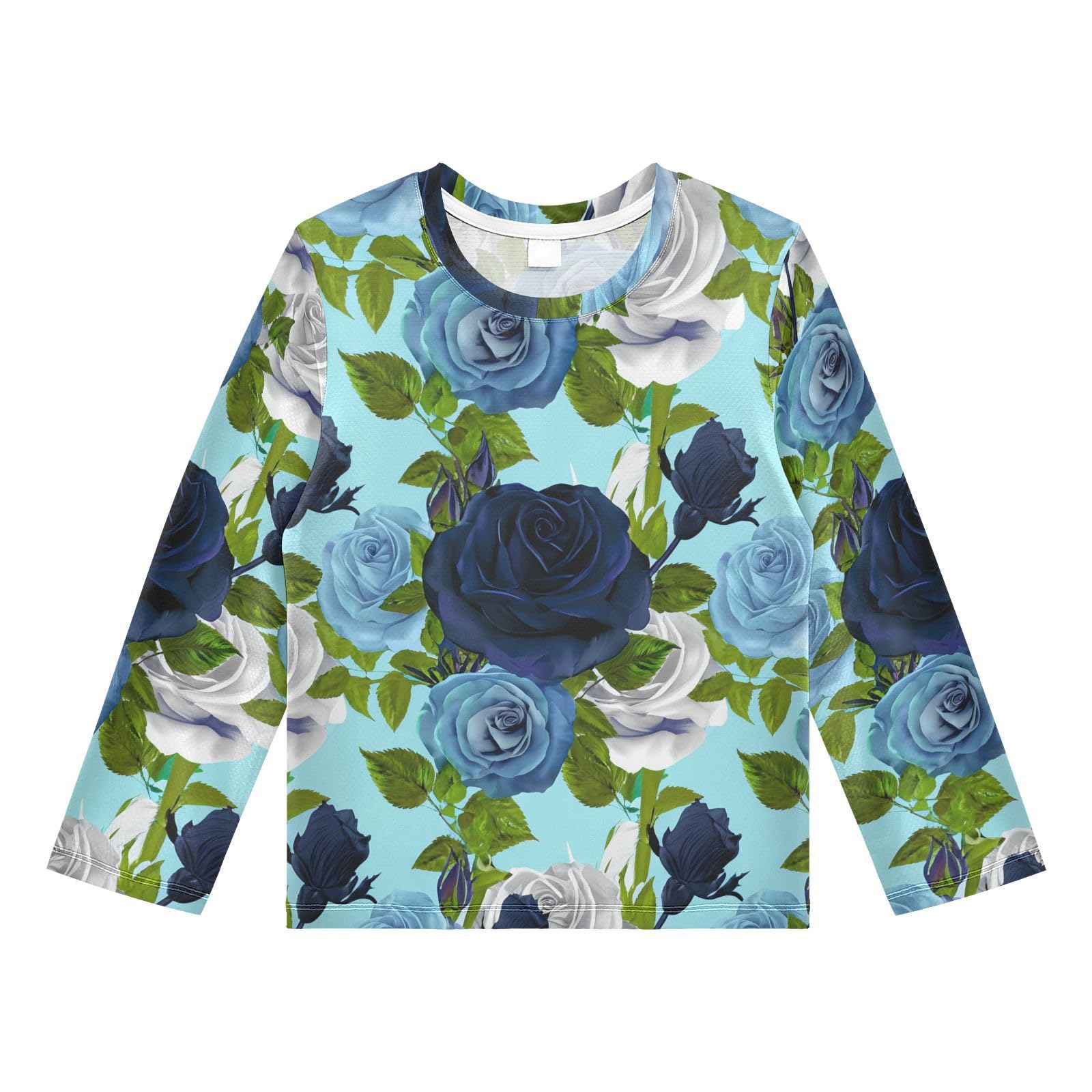 Blue Rose Blossom Foliage Rash Guard Shirt for Boys Sun Protection Shirt for Running Swiming Pool UPF50+ 7-8T