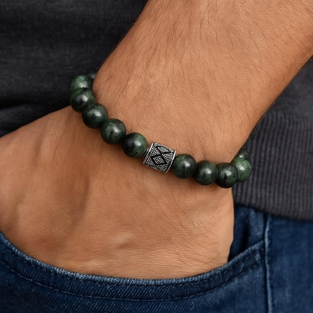 Kartini Studio Dark Green Jade and Sterling Silver Bead Bracelet, Nephrite Jade Bracelet, Quality Bead Jewelry for Men