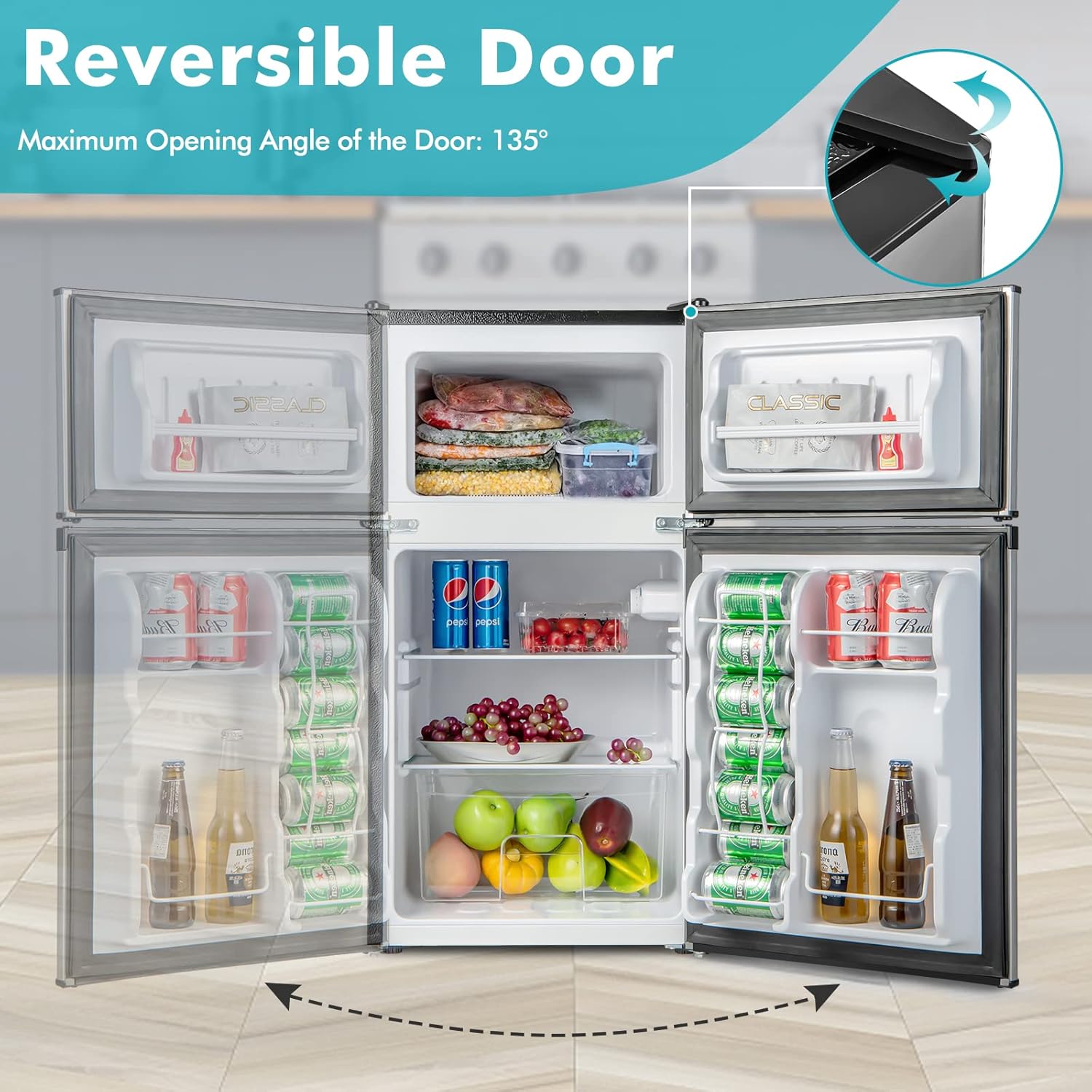 KOTEK Mini Fridge with Freezer, 3.2 Cu.Ft Compact Refrigerator/Freezer with 5 Level Adjustable Thermostat, Reversible 2 Doors & Removable Glass Shelves, Mini Fridge for Bedroom/Dorm/Office (Silver)