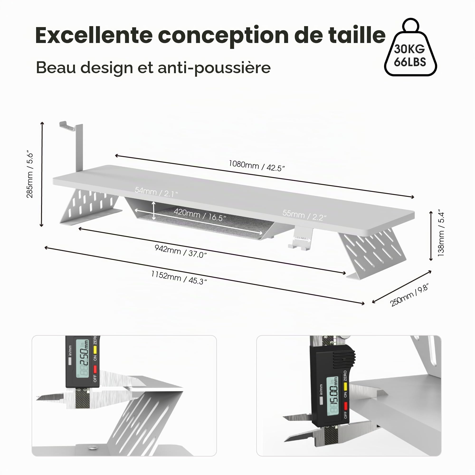 Fenge Support Ecran PC, 108cm, Pieds Métal, Ordinateur Moniteur TV, Blanc