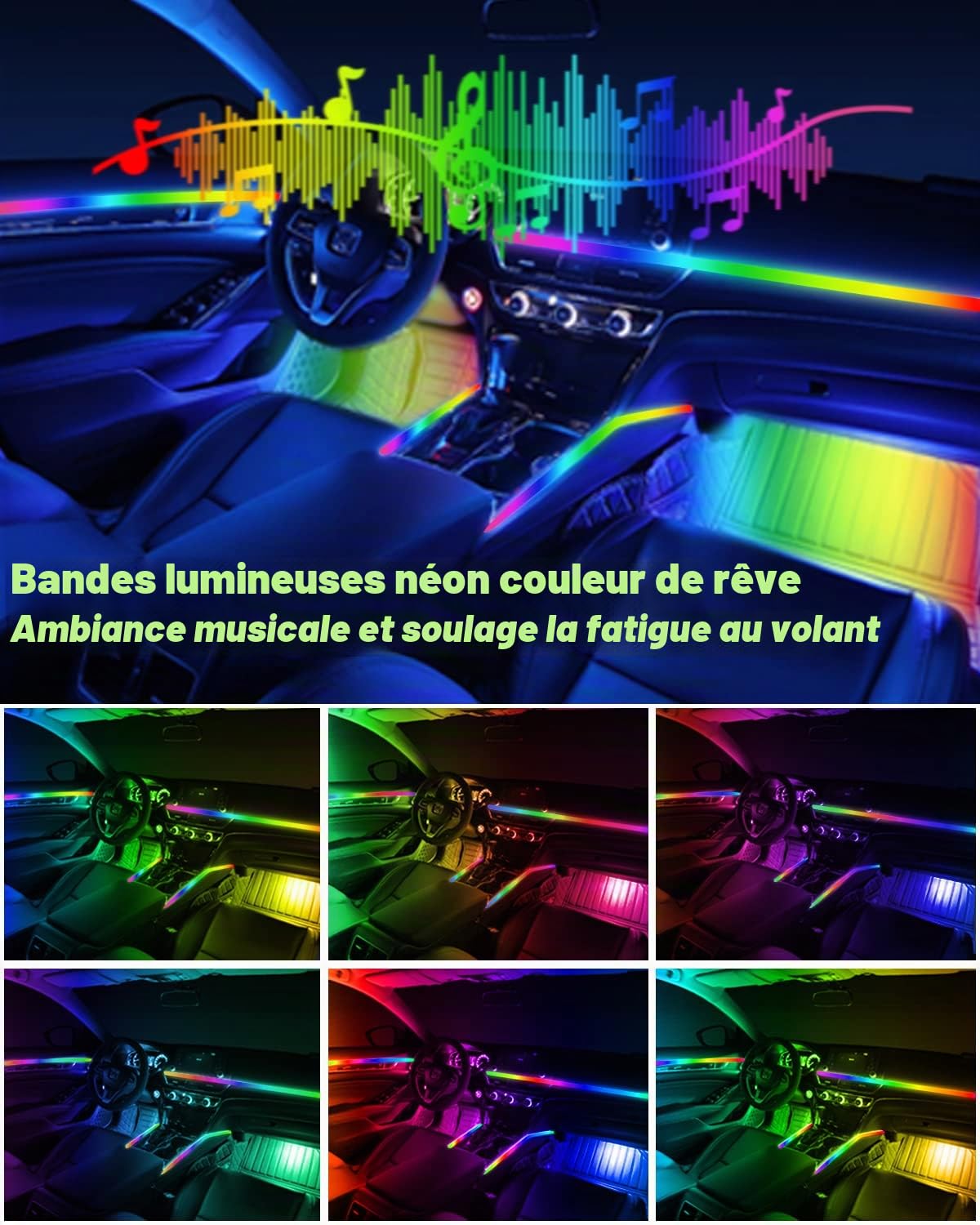 Bande LED Intérieur Auto avec APP, KEIUROT Éclairage Intérieur de Voiture Lumière de sous-éclairage de Voiture Améliorée Adhésif Fort Kits Musicale 2 in 1