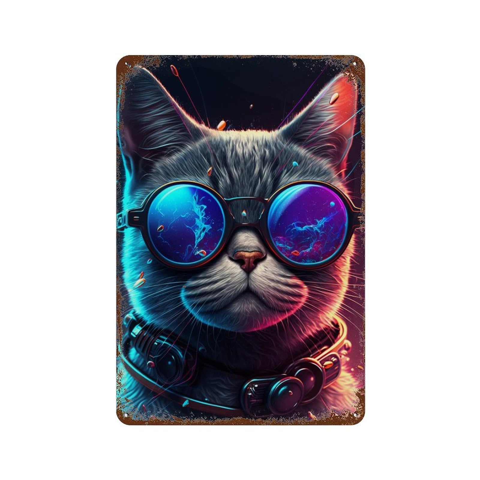 Neon Cat Glasses Fashion Rustic Tin Plaque 11.8"x7.9", Industrial Home Decor for Pub, Kitchen And Man Cave Decor
