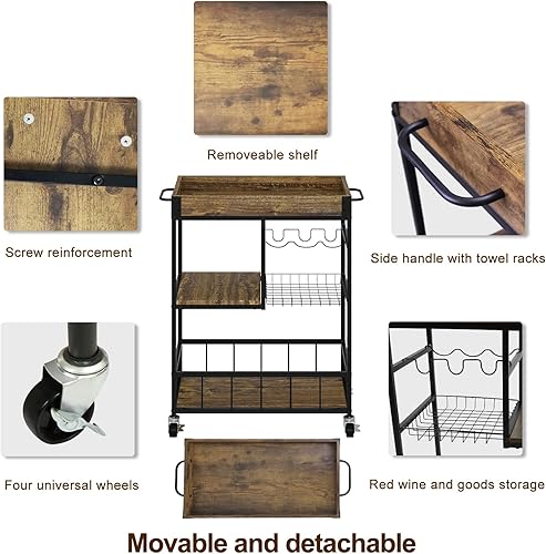 Miniatura 4 de aboxoo Carrito de bar Copa de vino 3 con nivel de cesta, estante rodante con ruedas, cocina móvil, estilo industrial vintage, carrito de servir de