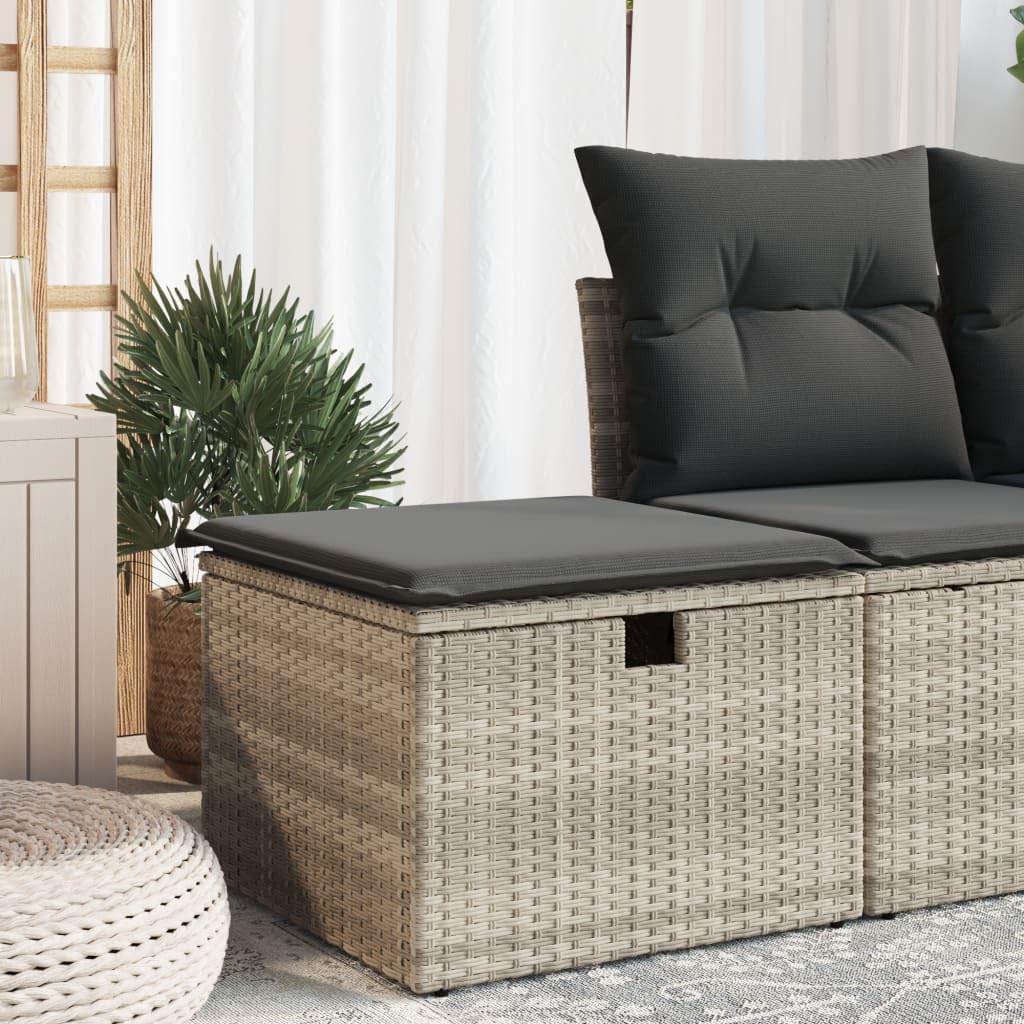 Taboret ogrodowy z poduszką, jasnoszary, polirattanowy, stołek, 55 x 55 x 37 cm, z miejscem do przechowywania, odporny na działanie promieni UV, na balkon, taras, do wypoczynku na świeżym