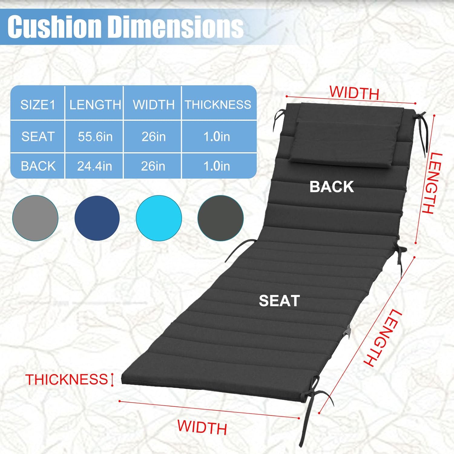 Chaise Lounge Cushions Outdoor Set of 2- Foldable Olefin Pool Lounge Chair Cushions with Ties,Headrest, 80x26 Inch, Waterproof Lounge Chair Pads Replacement for Lawn Garden, Charcoal Gray