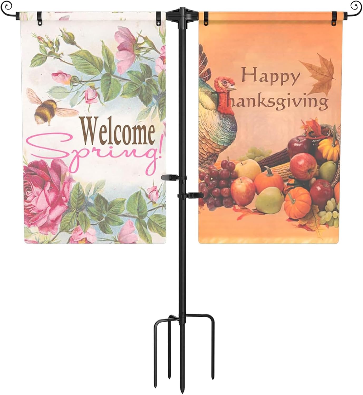 Garden Flag Stand Holder, with 4-Prong Base for Double 12 x 18 Flags