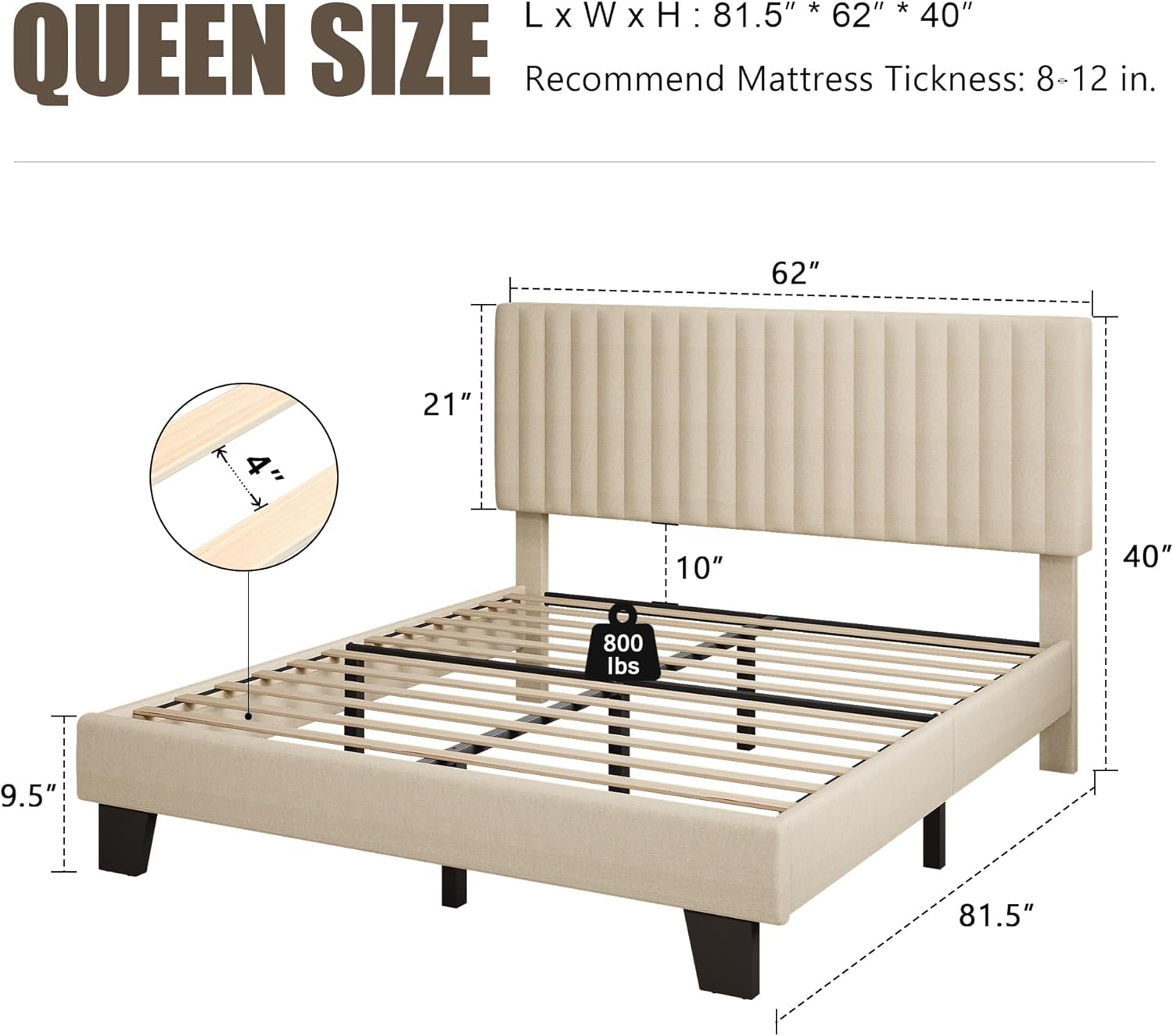 Einhomn Queen Size Bed Frame with Headboard, Upholstered Linen Platform Bedframe with Solid Wooden Slats, Noise-Free, No Box Spring Needed, Easy Assembly, Beige