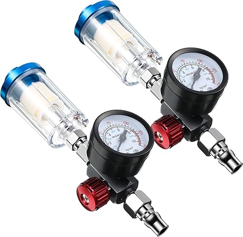 Honoson Válvula reguladora de ajuste de aire de 14 de pulgada con manómetro y filtro de trampa de agua, 2 paquetes, separador de aceite, regulador