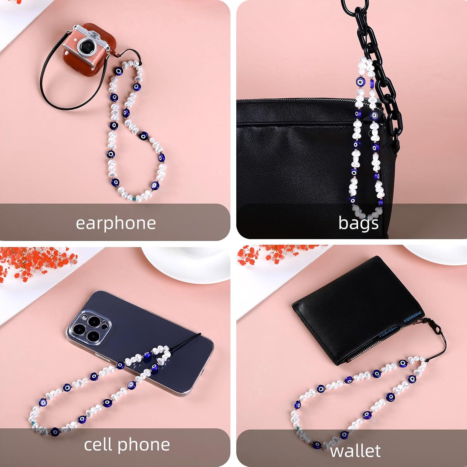 Beaded Phone Charm, Evil Eye Lanyard Wrist Strap, Gemstone Handmade Chain Keychain for Men Women Girls Cell Phone (Heart)