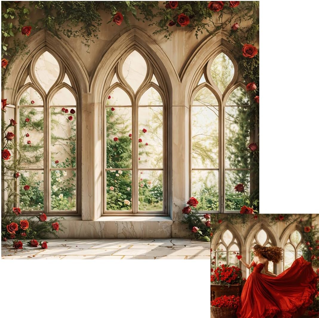 Fondo Fotográfico Kate 10x10ft Ventana Gótica Rosa Roja