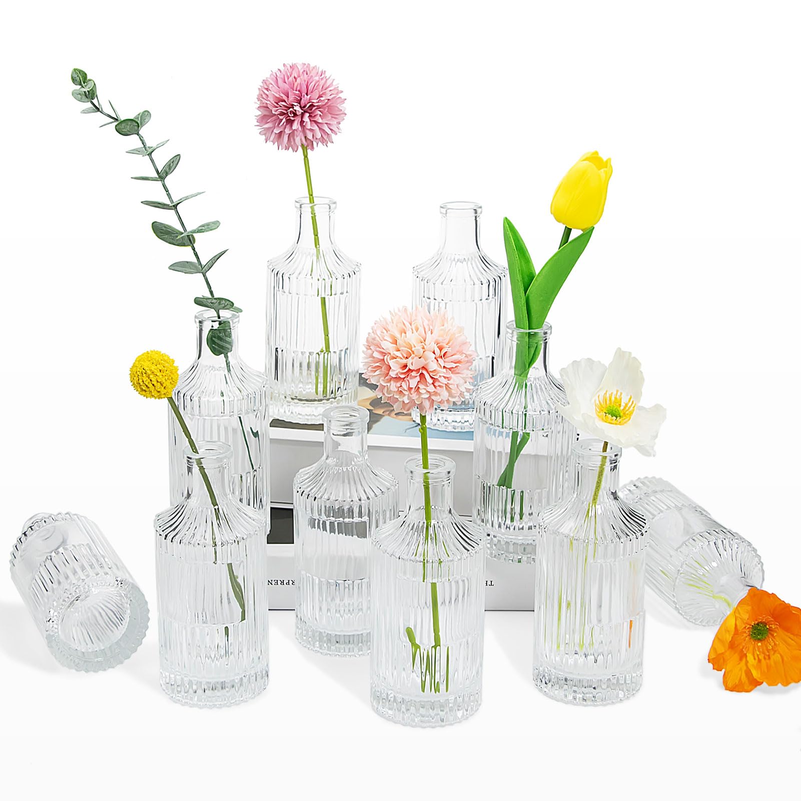 Glass Flower Vase Set of 10,Clear Bud Vases in Bulk,Mini Vintage Vase for Centerpieces, Home Table Flower Decor (Clear)