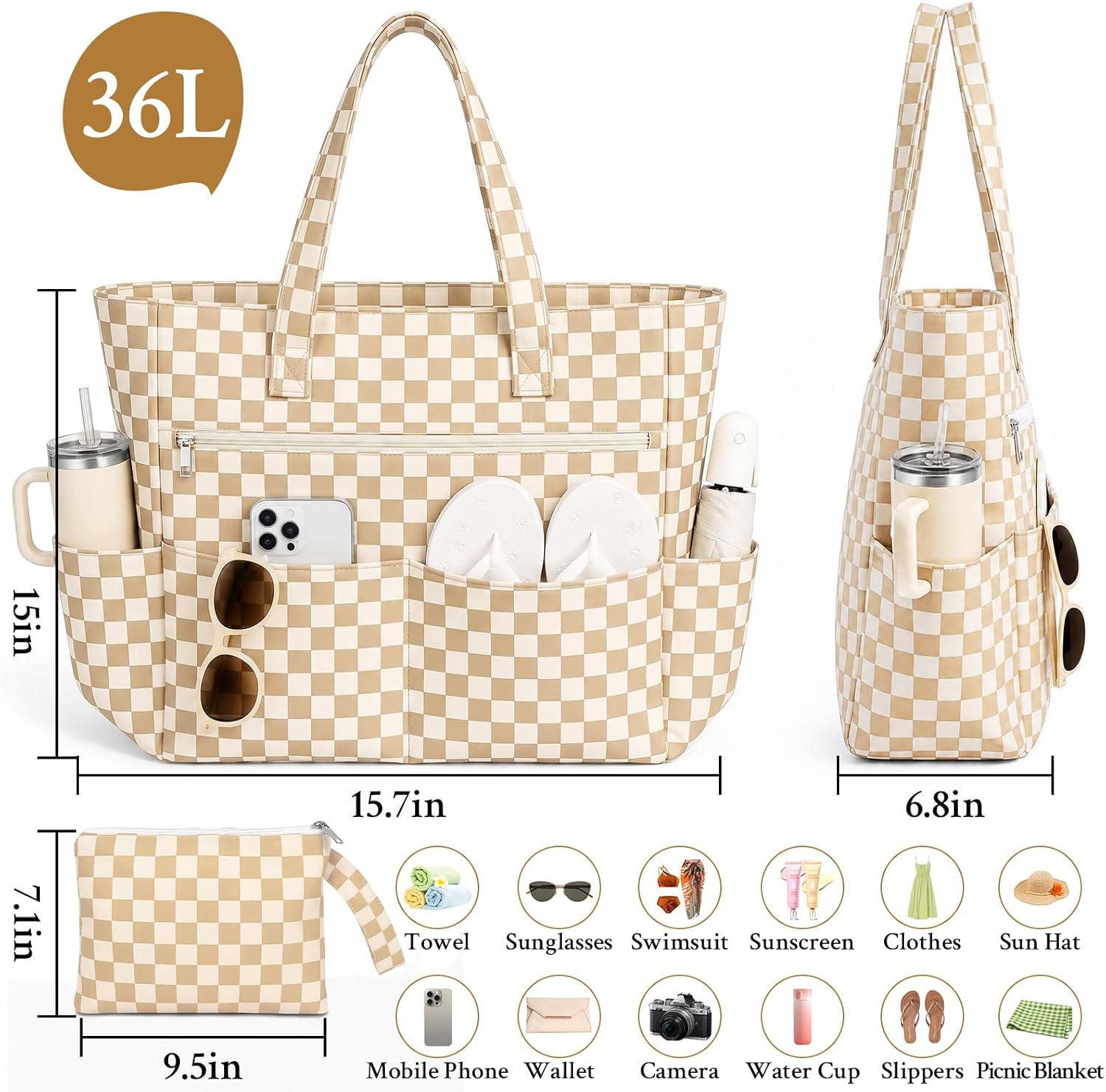 Large Beach Bags for Women，Waterproof Sandproof Beach Tote Bags Swim Pool Bags with Zipper & Wet Pokcet Family