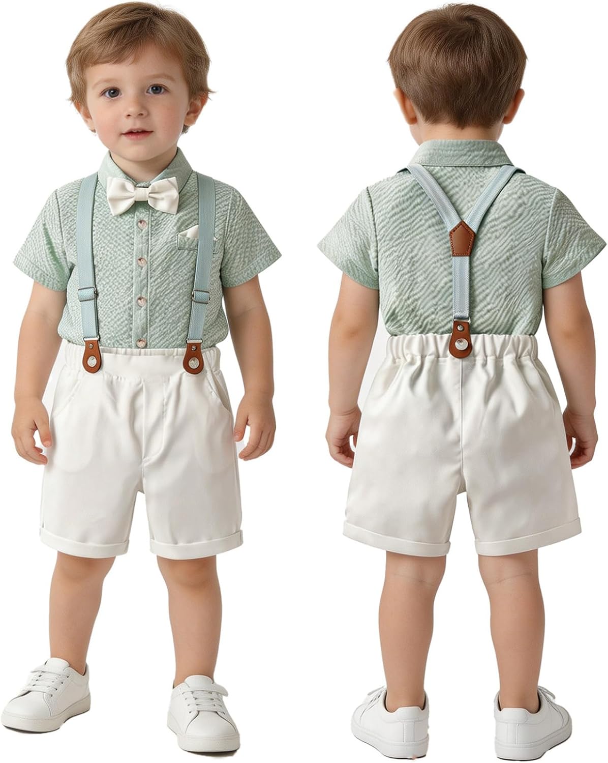 Baby Boy Ring Bearer Outfit Tuxedo Set with Short Sleeve Shirt and Shorts for Wedding and Special Events