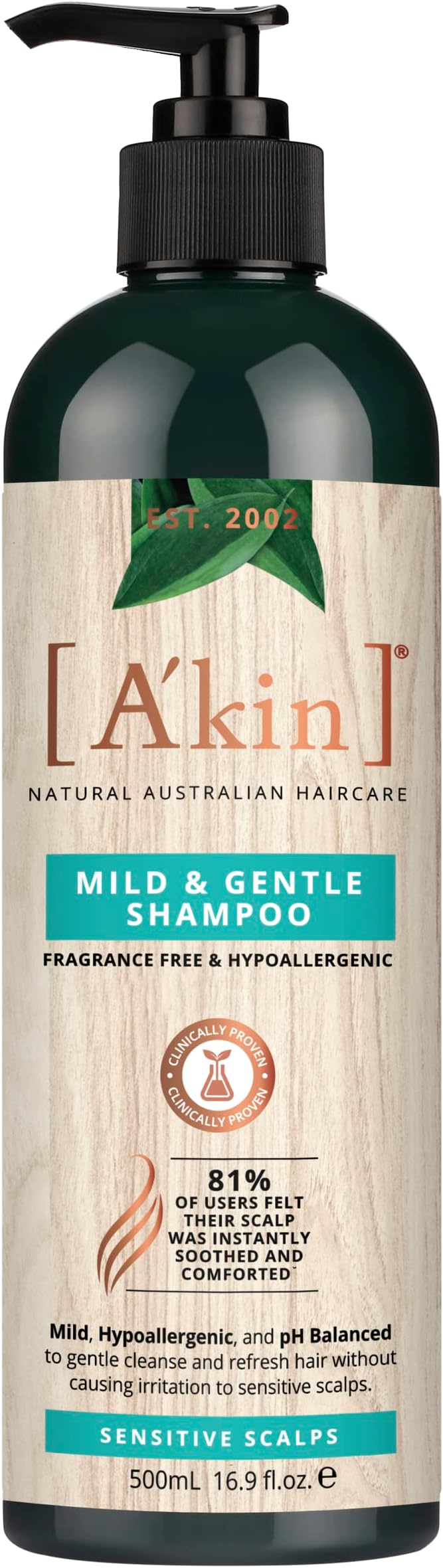 A'kin Natural Mild & Gentle Fragrance Free, Hypoallergenic Shampoo For Sensitive Scalp, Free From Parabens, Sulfates and Silicones, 500 ml