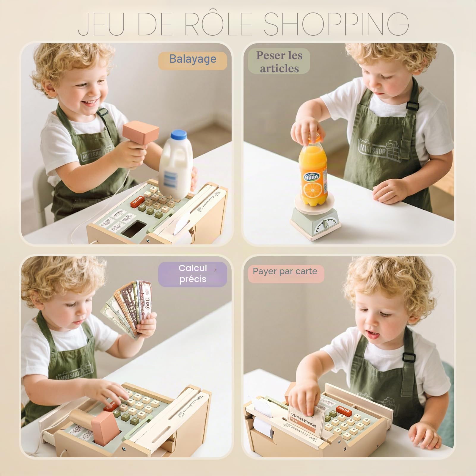 Dreamon Caisse Enregistreuse Enfants Bois, Marchande Enfants Jouet avec Scanner Tablier de Courses, Cadeaux de Noël pour Garçons Et Filles Âgés 3 4 5 6 Ans